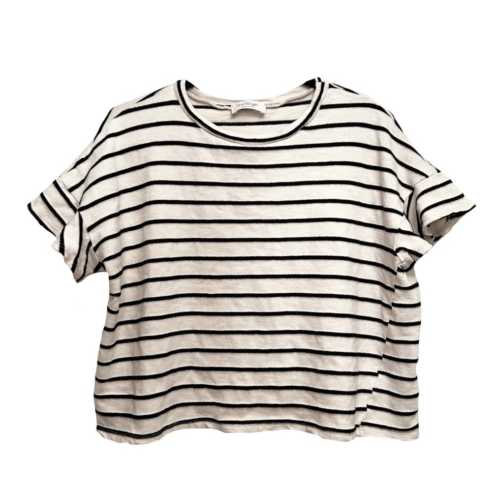 Kaileigh Striped Ruffle Sleeve Knit Top Cream Black Made in USA Womens